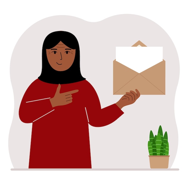 Вектор Женщина с открытым конвертом с письмом пустой лист бумаги для текстового шаблона концепция почты отправка приглашения с уведомлением о сообщении