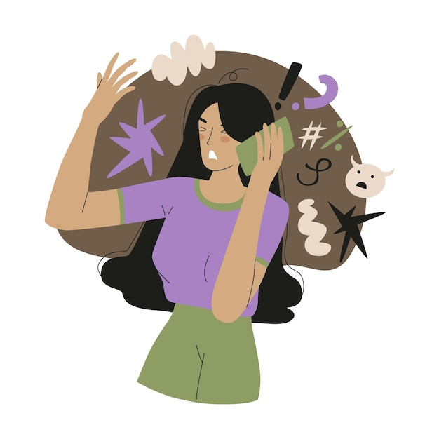 Вектор Женщина с черными волосами кричит в телефон эмоциональный стресс на работе негативные чувства самоконтроль векторная иллюстрация на белом фоне