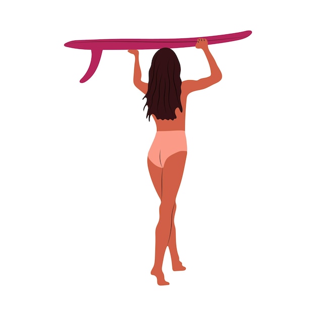 Вектор Женщина с длинными волосами несет доску для серфинга.