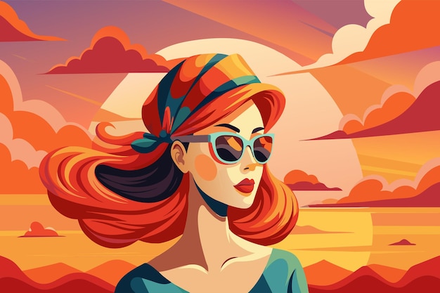 ベクトル a woman with red hair and sunglasses is standing on a beach