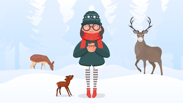Женщина в теплой зимней одежде и в очках держит в руках горячий напиток. девушка в заснеженном лесу с оленями. готовая квадратная открытка на зимнюю тематику. векторная иллюстрация.