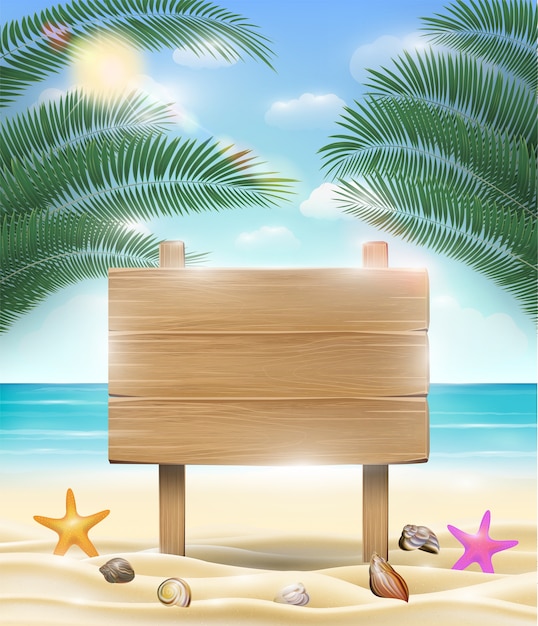 海の砂浜のビーチの背景と木製のボード