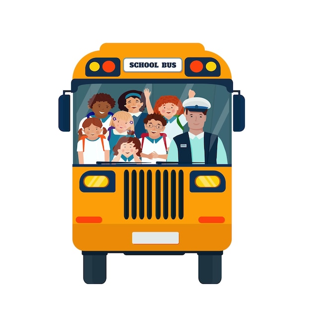 Вектор Желтый школьный автобус везет в школу счастливых учеников с портфелями специализированный транспорт