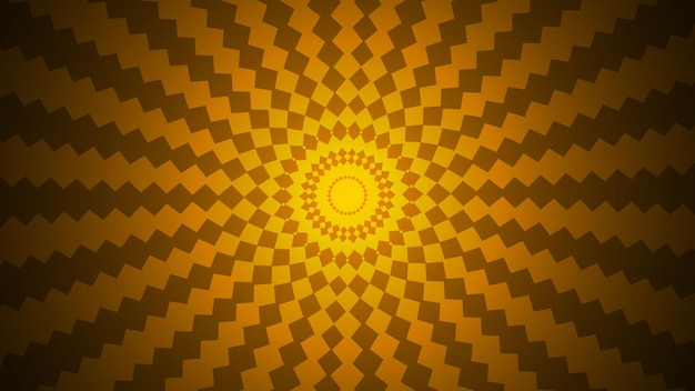 원을 그리며 움직이는 사각형과 선의 패턴이 있는 노란색 나선형 패턴입니다.