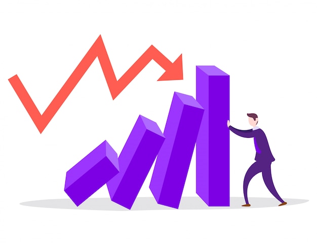 Вектор Молодой бизнесмен, который пытается удержать курс акций, резко не падает из-за вируса короны