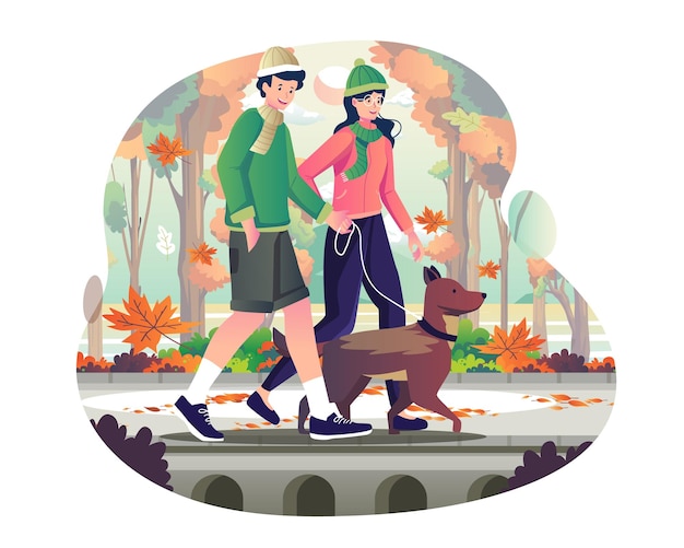 若いカップルが秋のコンセプトイラストで犬と一緒に公園を歩いている