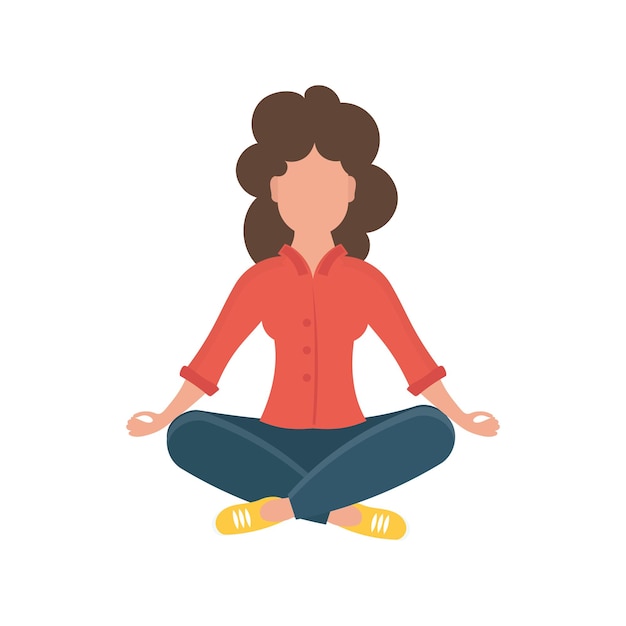 Молодая девушка в позе йоги занимается медитацией, практикует духовную дисциплину женщина сидит со скрещенными ногами на полу и медитирует изолированный плоский мультяшный стиль вектор иллюстрации