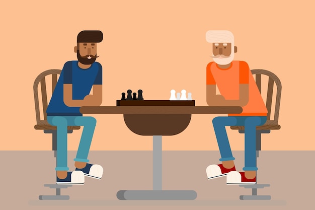 Молодой парень со взрослым мужчиной играют в шахматы