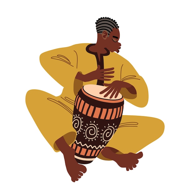 Вектор Молодой уличный музыкант играет ритмичную мелодию на барабане конга, украшенном африканским узором.