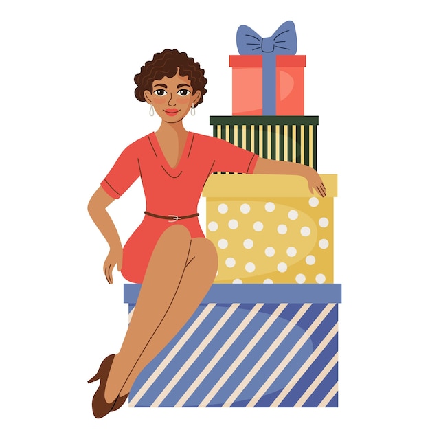Молодая женщина сидит на куче подарков векторная иллюстрация праздничный день рождения