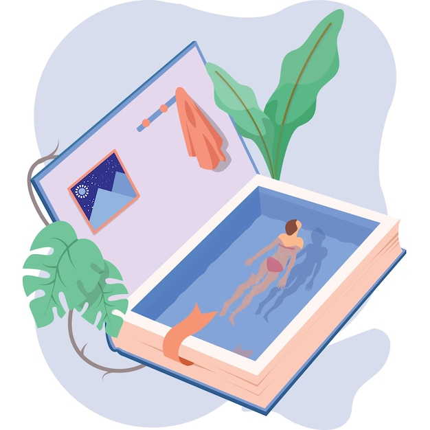 Молодые женщины плавают в книге, удовольствие от чтения