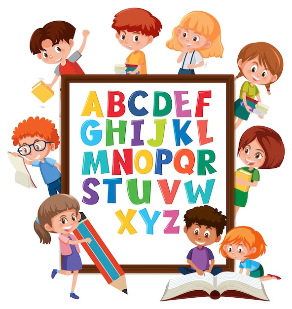 多くの子供たちがさまざまな活動をしているazアルファベットボード