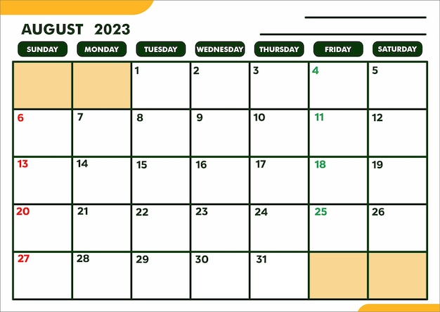 A4 A3 sjabloonkalender voor planning of agenda of herinnering van augustus 2023