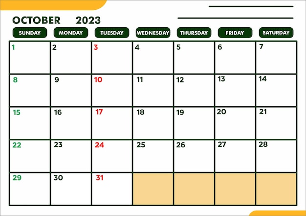 Vector a4 a3 template calendar for planning or agenda or reminder of october 2023