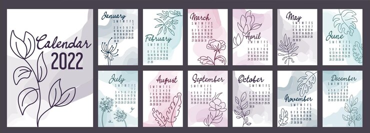 A4-kalender of planner 2022 aquarel abstract met hand getrokken botanische bloemen. Omslag en 12 maandpagina's. Week begint op zondag, vectorillustratie pastelkleuren A3 A2 A6