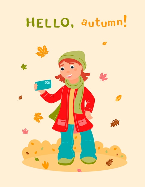 a4 poster with the inscription hello autumn a happy girl with a phone in her hands takes a selfie