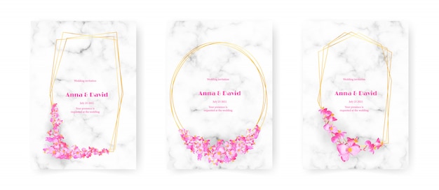 結婚式の招待状、大理石のモダンなカードベクトルイラストのアート花のa4セット