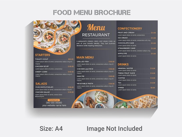 Vector a4 size trifold brochure food menu template, new year food design layout.