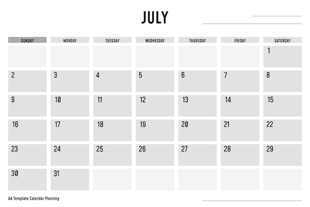 Calendario modello a4 pianificazione luglio