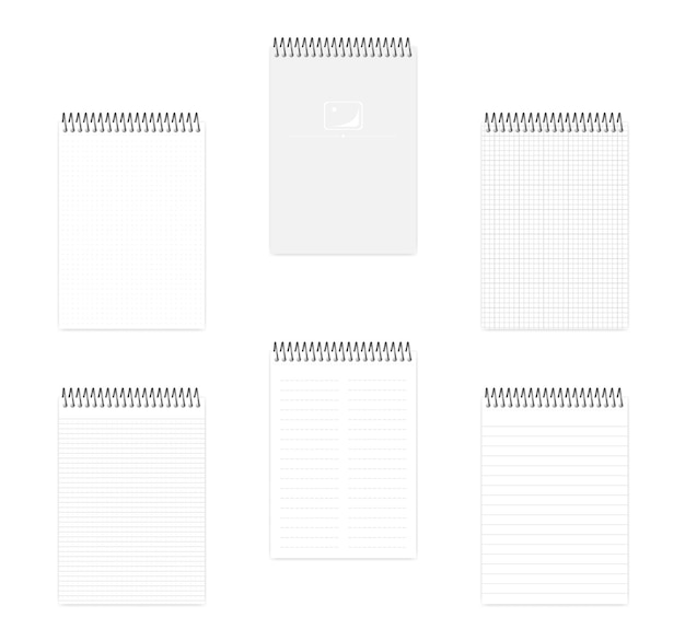 Vector a5 top spiral notebook set mockup wire bound notepad with various ruled paper mockup template