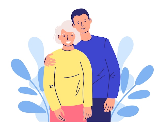 aandacht voor de gewenste persoon blije volwassen zoon knuffelt een oude moeder liefde voor elkaar