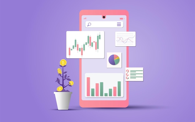 Aandelen- en forexhandel op smartphonescherm met handelsgrafiek voor beursmarkt Bitcoin