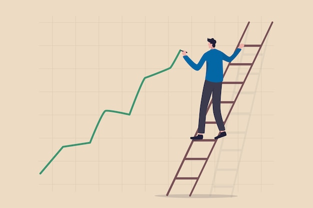 Aandelenkoersgroei, activaprijs stijgend of stijgend, bullish aandelenmarkt of economisch herstelconcept, zelfverzekerde zakenmanhandelaar die ladder beklimt om groene stijgende investeringslijngrafiek te tekenen.