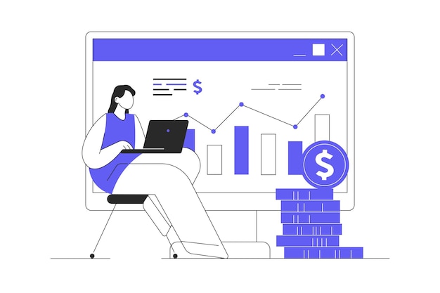Aandelenmarktontwerp Vrouw investeert spaargeld verdient geld analyseert gegevensgrafiek en ontwikkelt strategie