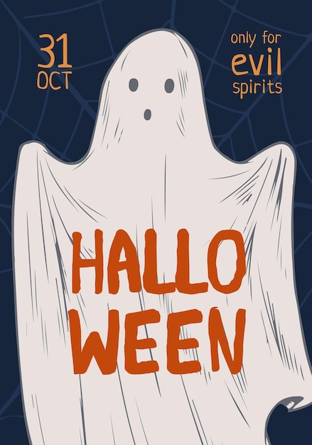 Aankondiging van halloween-evenement met geest en plaats voor tekst vectorillustratie. allerheiligen poster met web- en ontwerpelement. handgetekende reclamesjabloon van 31 oktober evenement.