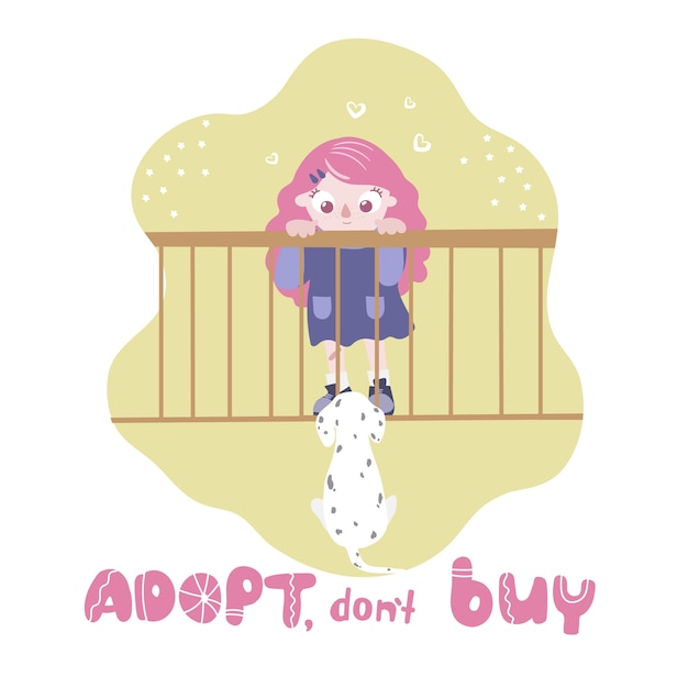 Aannemen, niet kopen. hond in een kooi die het meisje bekijkt. internationale dag voor dakloze dieren.