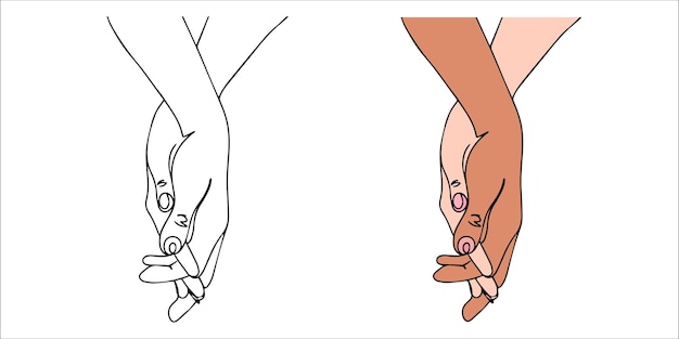 Aanraken, illustratie van met elkaar verweven handen van een jongen en een meisje. Mensen met verschillende huidskleuren hol