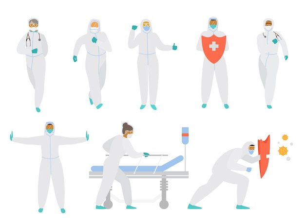 Aantal artsen in beschermende overall, maskers, bril en handschoenen in verschillende poses