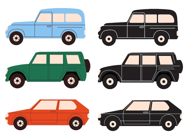 Aantal auto's in doodle stijl geïsoleerde vector