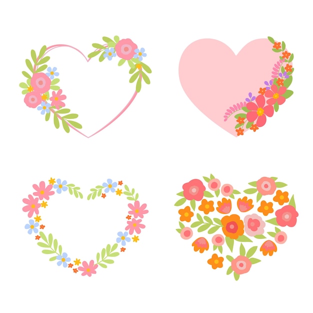 Vector aantal bloemen bloemstukken in hartvorm valentijnsdag liefde symbool doodle illustraties