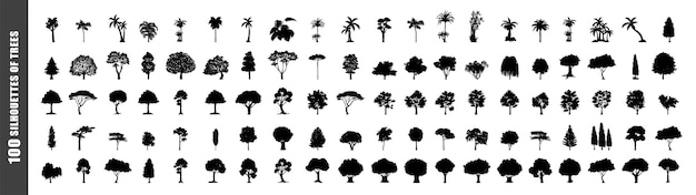 Aantal bomen in silhouetten maak veel meer vormen van bomen van bladeren en bomen onderste rij vector illustratie