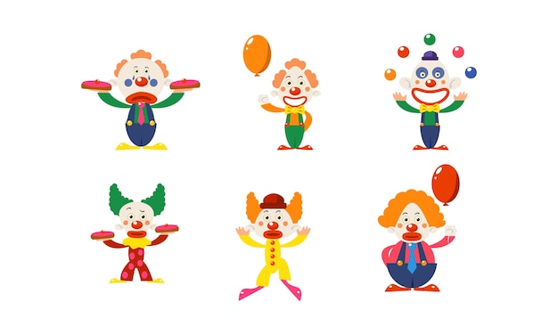 Vector aantal clowns in verschillende acties grappige stripfiguren make-up op gezichten circusartiesten met kleurrijk haar grafische elementen voor mobiel spel platte vector design geïsoleerd op witte achtergrond