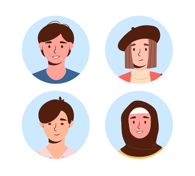 Aantal gebruikers avatars concept Mannen en vrouwen uit verschillende culturen en etniciteiten Interface voor sociale netwerken en boodschappers Cartoon platte vector collectie geïsoleerd op witte achtergrond