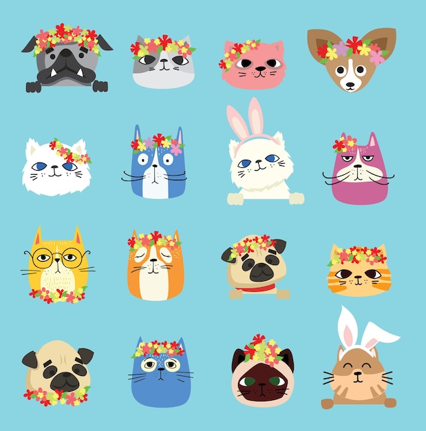 Aantal katten en honden avatars met Lentebloemen.