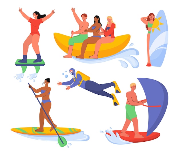 Vector aantal mensen bij kano concept mannen en vrouwen met peddels op surfplanken actieve levensstijl en sport vakantie in tropische landen cartoon platte vector collectie geïsoleerd op witte achtergrond
