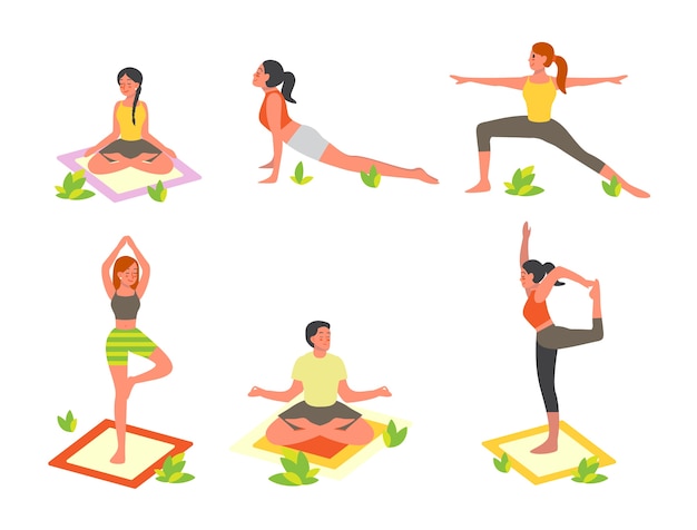 Aantal mensen die yoga in het park doen. asana of oefening voor mannen en vrouwen. fysieke en mentale gezondheid. lichaamsontspanning en meditatie buiten. illustratie