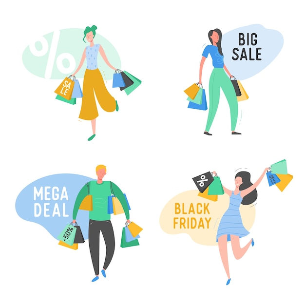 Aantal mensen met boodschappentassen en cadeautjes. Man en vrouw tekens, grote verkoop, korting en reclamebanner, promo Poster Concept illustratie