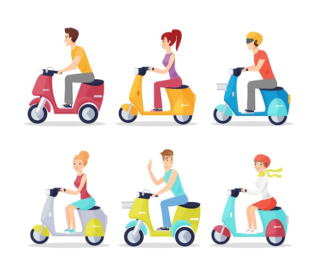 Vector aantal mensen op scooters geïsoleerd op wit