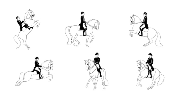 Aantal ruiters en paarden klassieke dressuur zwart-wit vectorillustratie