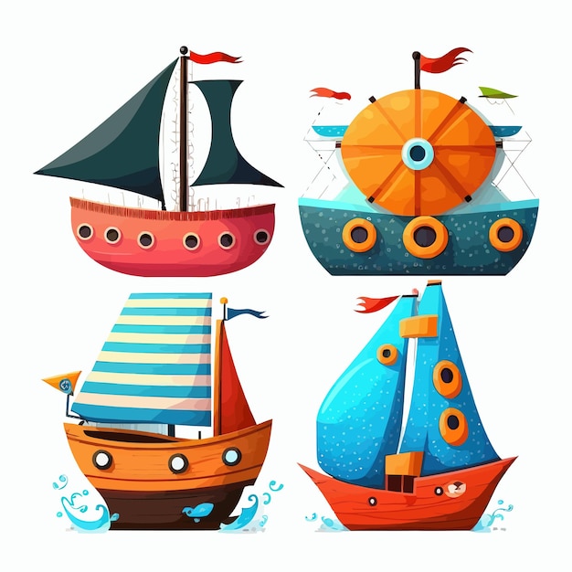 Aantal schepen en boten geïsoleerd op achtergrond Cartoon platte vectorillustratie