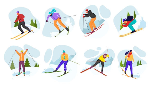 Aantal skiërs geïsoleerd op witte achtergrond Skiër rijdt springt dia's in de bergen Ski acties downhill slalom freeride schansspringen freestyle Skiën in de winter Alpen Vector illustratie