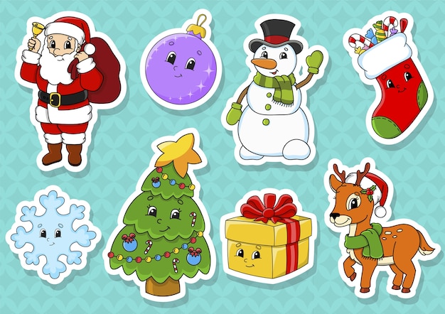 Aantal stickers met schattige stripfiguren. kerst thema.