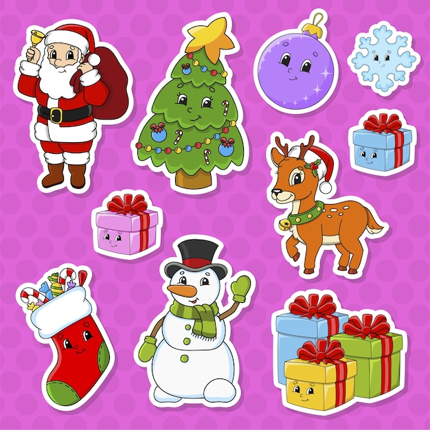 Aantal stickers met schattige stripfiguren. kerst thema.