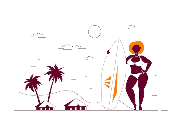 Aantrekkelijke Afrikaanse Amerikaanse vrouw plus grootte die op strand een surfplank houdt. Zomer vrouwelijk lichaam positief concept. Vlakke stijl lijntekeningen illustratie.