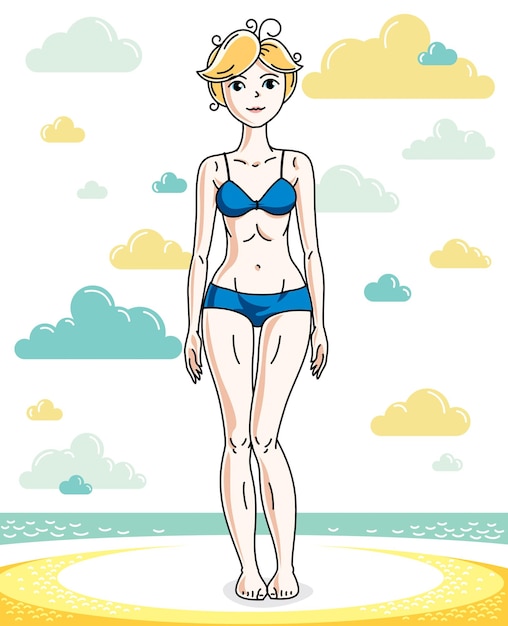 Aantrekkelijke jonge blonde vrouw die zich op tropisch strand bevindt en blauw badpak draagt. vector menselijke illustratie. thema zomervakantie.