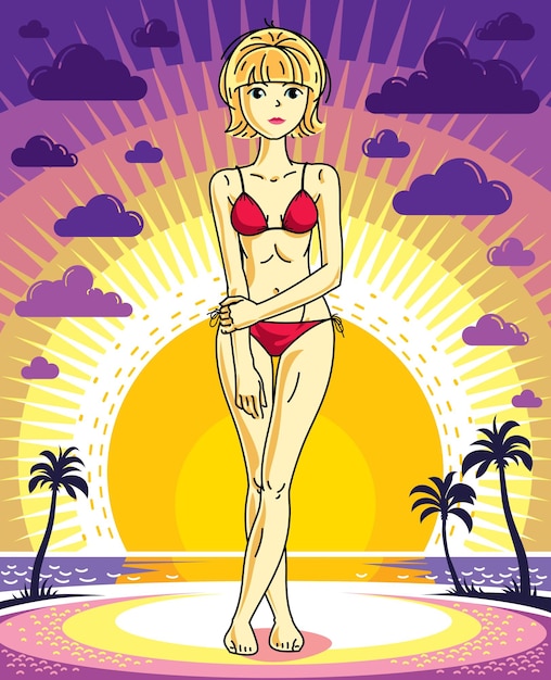 Aantrekkelijke jonge blonde vrouw die zich op zonsonderganglandschap met palmen bevindt en rood badpak draagt. Vector menselijke illustratie.